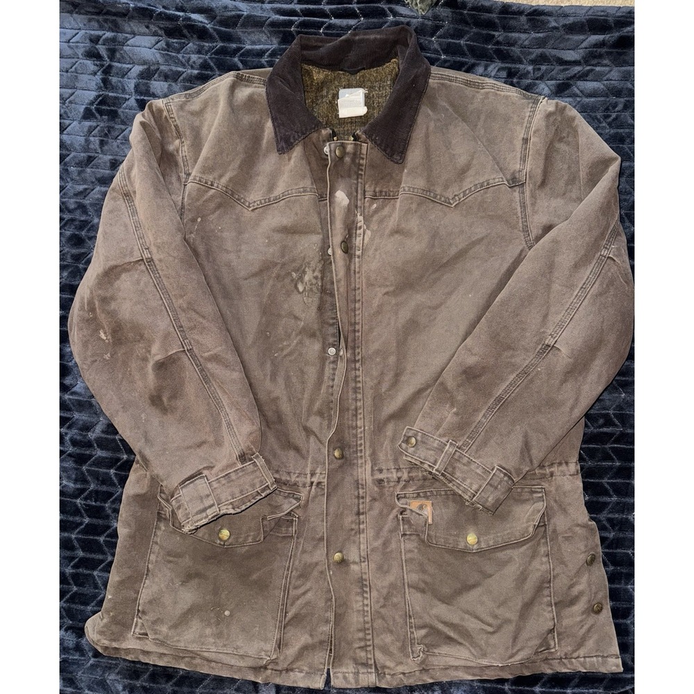 VTG Carhartt Men's Brown Chore Jacket Distressed Blanket Lined C52 CHT Size XL